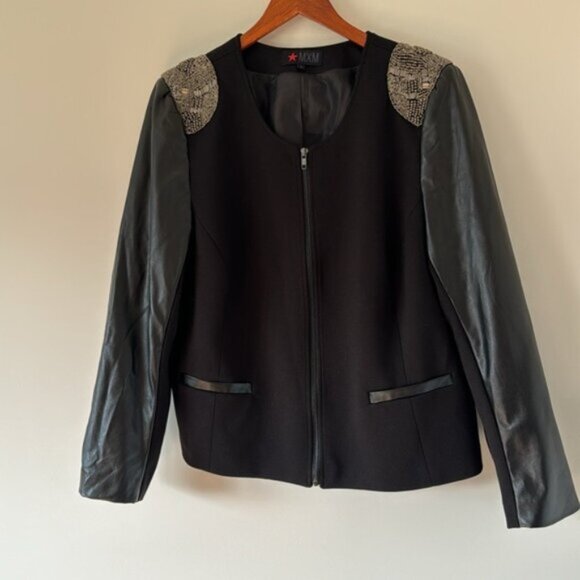 MXM Women Black Beaded Shoulders Faux Leather Blazer Jacket Plus Size 18 - Picture 2 of 13